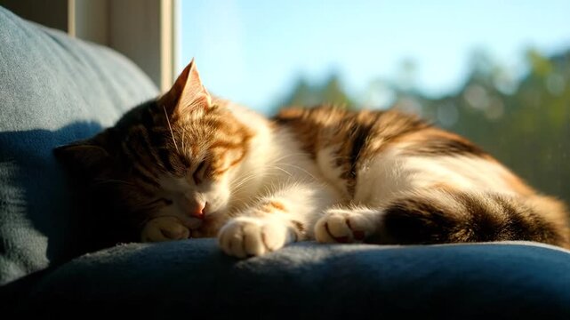 A calico cat sleeps peacefully on a blue cushion in the sun