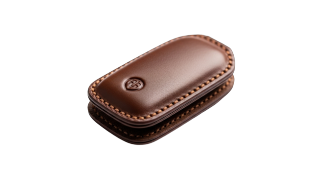 Brown Leather Car Key Fob Case with Stitched Edges.