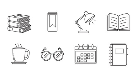 Black outline vector icons of stacked books, bookmark, desk lamp, open book, coffee cup, sunglasses, calendar, and notebook, representing study and organization tools.