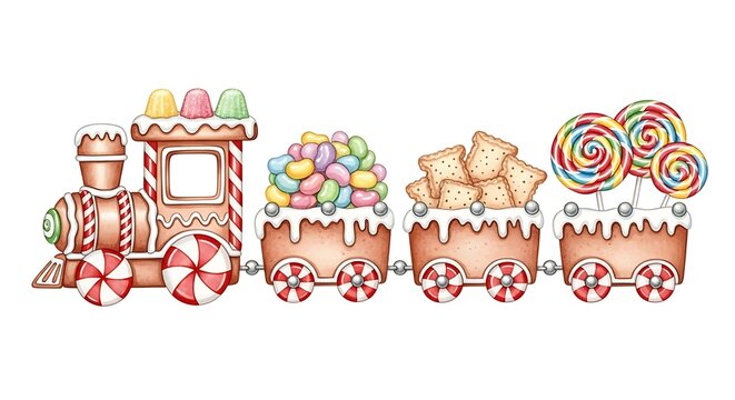 Whimsical candy train with gingerbread engine and sweet treats in carriages
