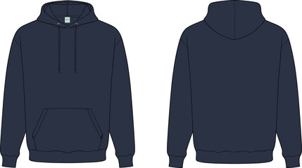 Dark navy hoodie front and back view, fashion flat sketch, vector apparel mockup, unisex casual wear design, CAD clothing illustration
