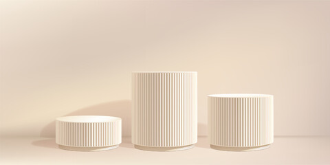 Beige product podium, shadow bg. Marble 3d pillar, light limbo. Soft spotlight gobo on white ramadan platform. Elegant fluted premium display studio. Three level cream cosmetic poduim, abstract stage