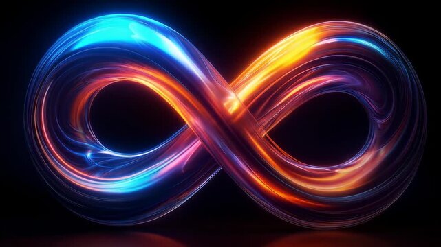 Illuminated infinity loop with swirling blue, pink, and orange gradients