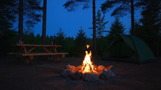 A campfire burns in a forest campsite with a tent and picnic table