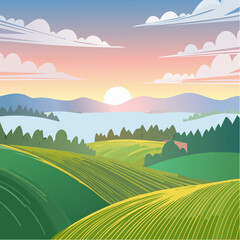 Obraz premium panorama of a beautiful, ecological farmland at sunrise