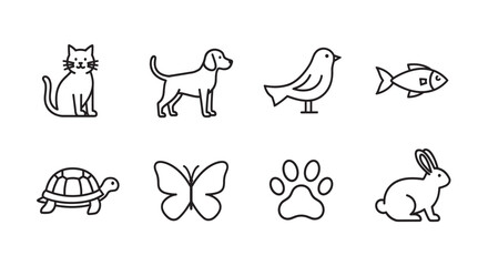 Fototapeta premium Simple black outline vector icons of various animals, including a cat, dog, bird, fish, turtle, butterfly, paw print, and rabbit, designed for easy identification.