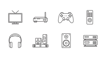 Black outline icons of various electronic gadgets including a television, router, game controller, remote control, headphones, speaker system, speaker, and dvd player.