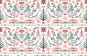 Vector Christmas seamless pattern with hand drawn Scandinavian folk ornament, decorations. Vector endless background of new year symbols in modern graphic style