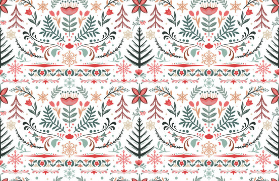 Vector Christmas seamless pattern with hand drawn Scandinavian folk ornament, decorations. Vector endless background of new year symbols in modern graphic style