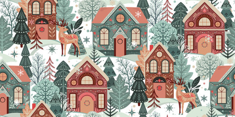 Vector seamless pattern with winter landscape and houses and trees. Endless background for Christmas and winter holidays