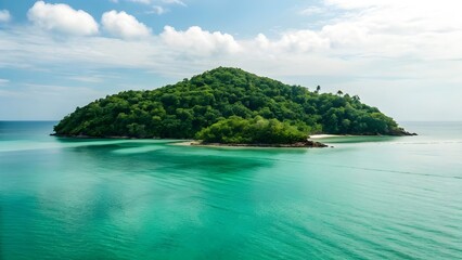 Obraz premium A Small Island Rests Peacefully Amid Serene Emerald Ocean Stillness, Surrounded By Crystal Waters That Reflect The Calm Beauty And Untouched Harmony Of Nature’s Coastal Paradise