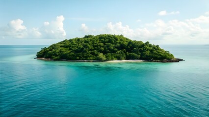 Naklejka premium A Small Island Rests Peacefully Amid Serene Emerald Ocean Stillness, Surrounded By Crystal Waters That Reflect The Calm Beauty And Untouched Harmony Of Nature’s Coastal Paradise