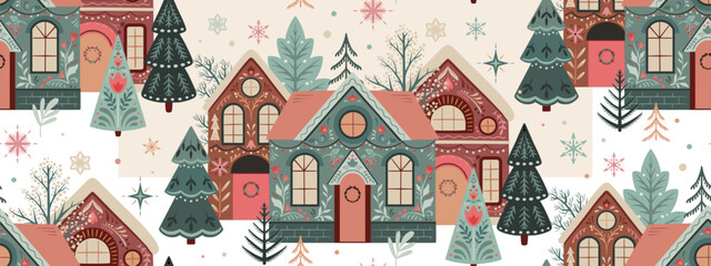 Vector seamless pattern with winter houses. Christmas scenery with colorful houses, falling snow, trees. Snowy village landscape