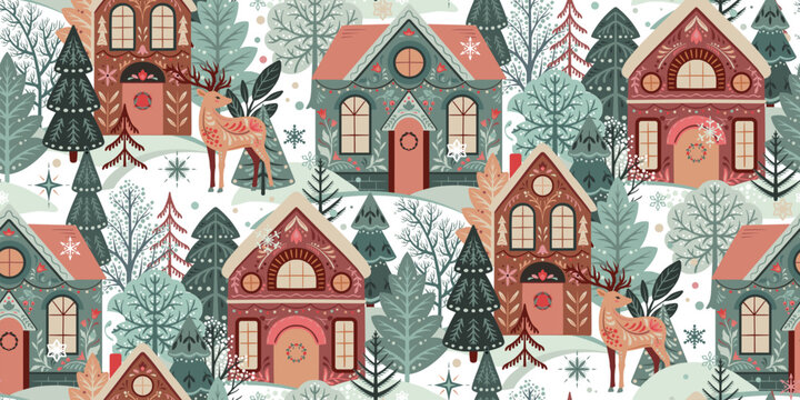 Vector seamless pattern with winter landscape and houses and trees. Endless background for Christmas and winter holidays