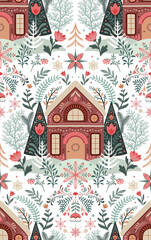 Vector seamless pattern with winter houses. Christmas scenery with colorful houses, falling snow, trees. Snowy village landscape