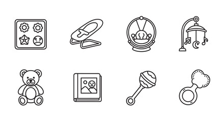 Black outline icons of various baby-related items including a mobile, teddy bear, and a baby book, symbolizing childhood and infant care.
