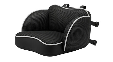 Black child car seat with white trim and buckles.