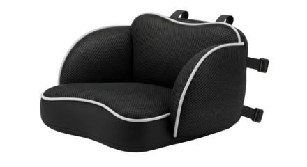 Black child car seat with white trim and buckles.