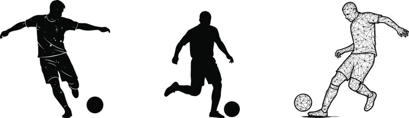 Soccer player silhouette, action pose, sports motion, black and white, wireframe style, athletic energy, ball control, digital art, dynamic movement, football design