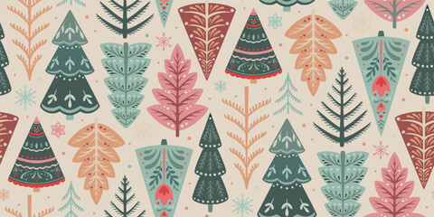 Vector seamless pattern with forest trees, folk ornaments, decorations. Vector endless background of winter Christmas symbols in modern graphic style