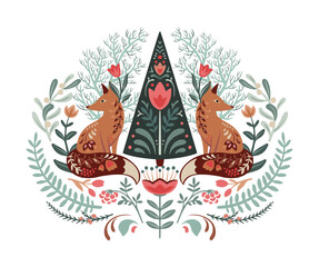 Vector Christmas composition with hand drawn holiday elements, winter forest trees, fox, flowers, snowflakes. Scandinavian folk ornament