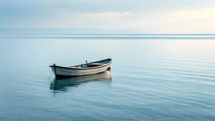 Naklejka premium A Tiny Fishing Boat Floats Motionless On Endless Glassy Water Beneath A Vast Open Sky, Reflecting Perfect Stillness, Solitude, And The Peaceful Harmony Between Sea And Horizon