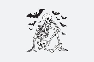 Sitting Skeleton with Flying Bats Halloween Silhouette Vector