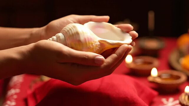 Close up of hands holding a conch shell for Happy Diwali festival, spiritual offering, religious ceremony, cultural celebration, festive season