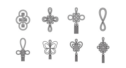 Eight intricate chinese knot designs featuring loops, tassels, and geometric shapes arranged in a linear pattern.