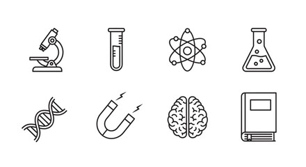 Set of eight black outline icons featuring a microscope, test tube, atom, flask, dna helix, magnet, brain, and a closed book, depicting science and education concepts.