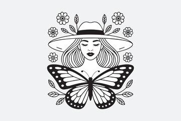 Beautiful Lady with Flowers and Butterfly Line Art Vector