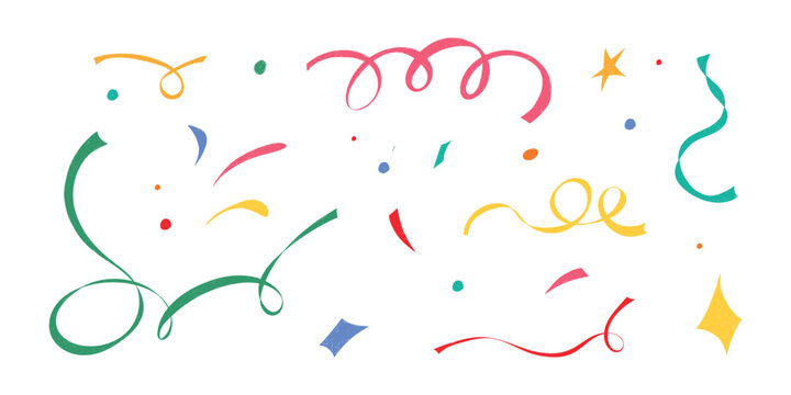 Naklejki Hand drawn confetti set. Crayon sparkle icons, fireworks, twinkle spirals, doodle chalk shapes for childish birthday, carnival, kid holiday, Christmas, weeding. Grunge Isolated vector illustration.