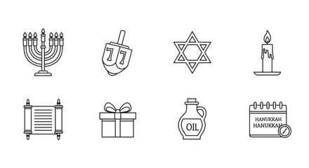 Eight simple black outline icons representing hanukkah symbols, including a menorah, dreidel, star of david, candle, torah scroll, gift, oil jug, and holiday calendar.