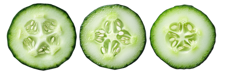 Closeup of a cucumber slices, isolated on white transparent background. Concept of freshness and health.