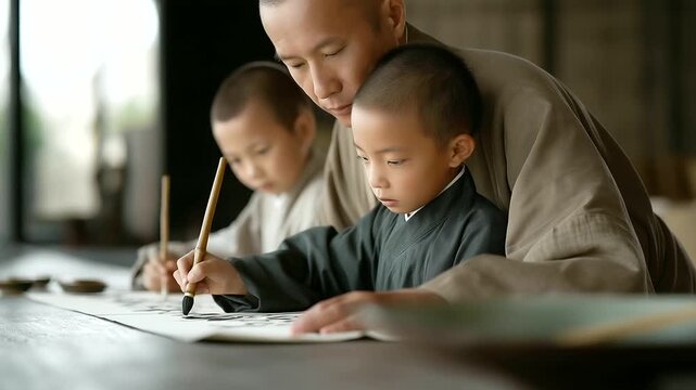 elderly calligraphy master guiding kids brush strokes on long paper scroll soft murmurs heritage preservation three quarter wide angle cinematic color correction gentle