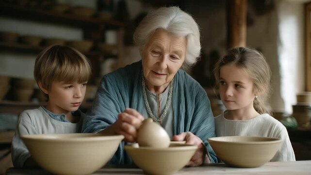 elderly ceramicist showing glaze mixing to young apprentice soft clink of bowls gentle teaching three quarter wide angle cinematic color correction gentle backlight clean