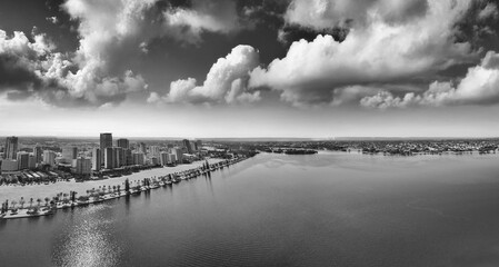 Fototapeta premium Aerial view of Perth skyline from Swan River with clear blue sky and sunny day reflections