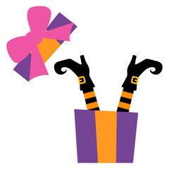 Piernas de bruja con botas y medias saliendo de un paquete de regalo para tarjetas y felicitaciones de Halloween  © teracreonte