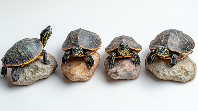 Four baby turtles on rocks against white background.