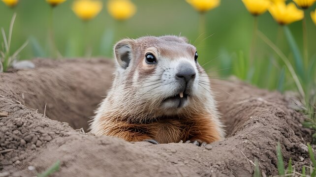 A curious young groundhog peeks out from its freshly dug burrow surrounded by soft green grass and blurred yellow flowers