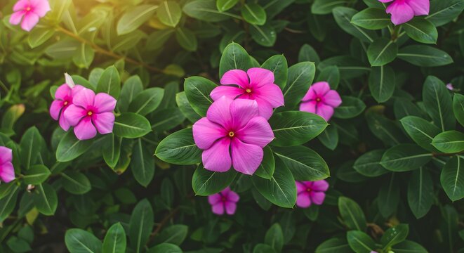 Vivid pink flowers with yellow centers bloom amidst lush green foliage under warm sunlight