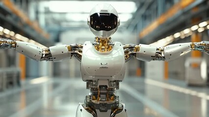 A humanoid robot standing in a factory with arms outstretched - Powered by Adobe
