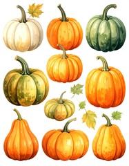 Watercolor arrangement of various pumpkins and falling autumn leaves, seasonal illustration