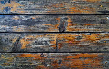Obraz premium old wood texture. Empty wooden table top on blur lake garden background. Outdoor Cafe