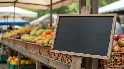 Wooden blackboard at fruit market wooden frame fruit stand