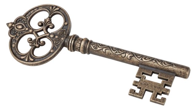 An ornate antique brass skeleton key with intricate scrollwork, isolated on transparent background - Powered by Adobe