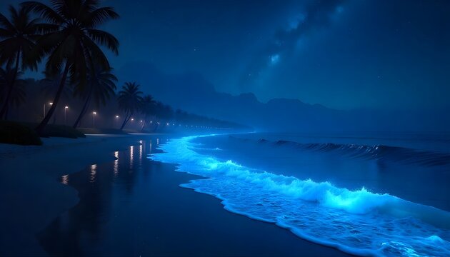 Dreamy Night Beach Scane with Bioluminescent Waves and Stars