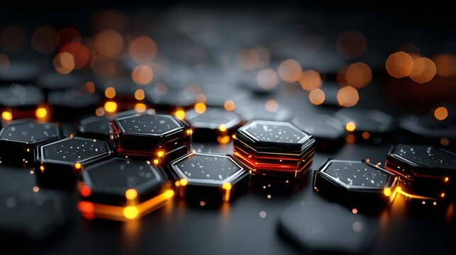 Futuristic Hexagon Grid Network with Glowing Orange and Red Lights, Abstract Technology Background - Powered by Adobe