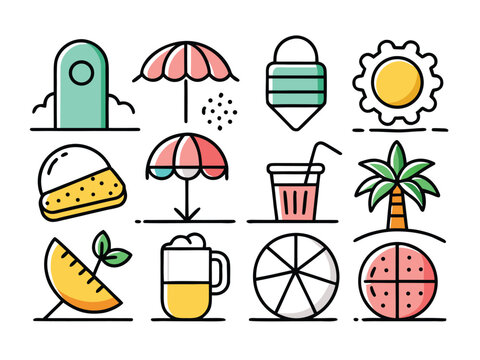 Fun Summer Icons With Palm Tree Melon And Beach Parasol In Outlined Style