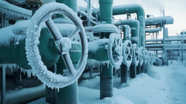 Ice covered valves and pipes at a gas facility highlight the effects of extreme winter weather on industrial operations